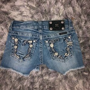 Miss Me Distressed Embellishes Dark Wash Shorts 23